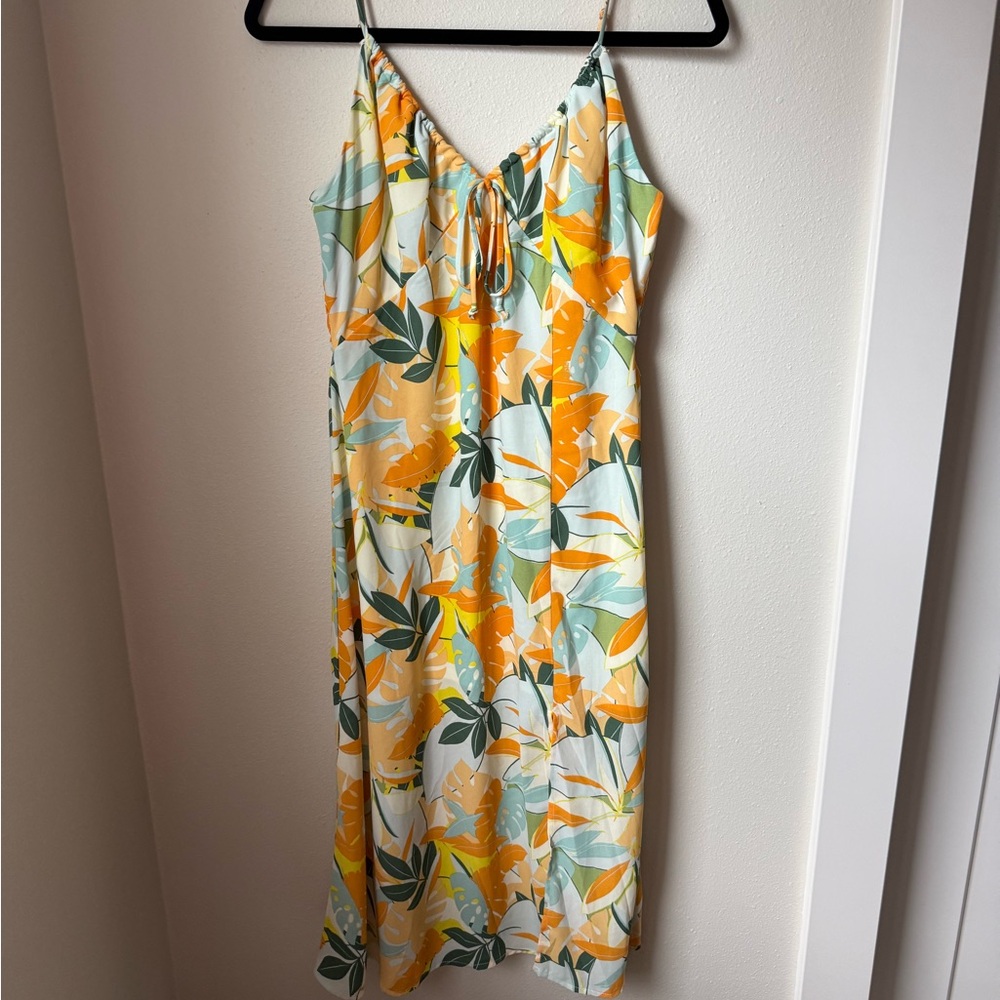 Floral Leaf Print Yellow & Green Slip Dress